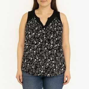 Lucky Brand 2X Womens Black  Floral Buttons Sleeveless Blouse